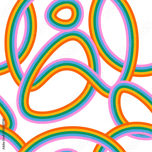 Retro 60s style rainbow seamless pattern with vivid color stripes. Vintage psychedelic wave flat cartoon background. Trendy hippie 70s stripe print vector illustration. © LanaSham