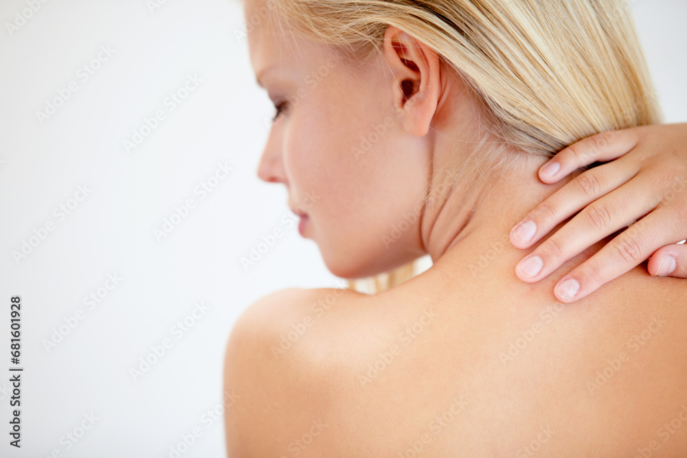 Girl, skincare and touch back in studio with neck, eyes closed and dermatology by white background. Woman, model and beauty with peace, cosmetic change and transformation with glow for wellness Girl, skincare and touch back in studio with neck, eyes closed and dermatology by white background. Woman, model and beauty with peace, cosmetic change and transformation with glow for wellness