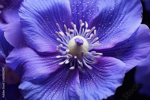  a close up of a purple flower with drops of water on it's petals and the center of the flower in the middle of the center of the petals. © Shanti