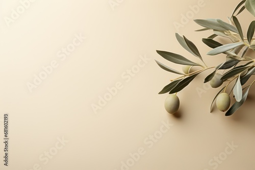  a branch of an olive tree with green olives on a beige background with a place for a text or an image of a branch of an olive tree with green olives. photo
