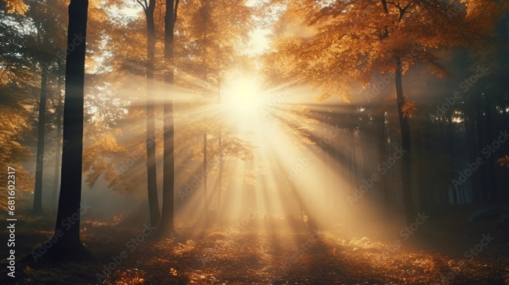 beautiful sunbeams emerging from the fog amid an autumnal golden forest. Nature's splendor in its warm, brilliant autumnal hues of deciduous trees