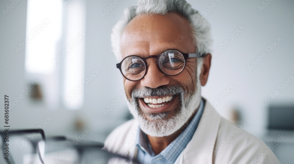 A clinic setting where an optician examines a patient's eyes and issues a prescription. A clinic setting where an optician examines a patient's eyes and issues a prescription.