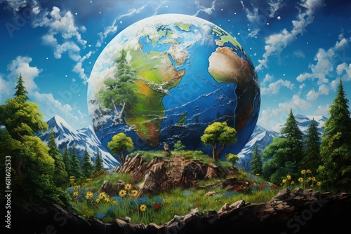  a painting of the earth in the middle of a field with mountains and trees on the other side of the picture is a blue sky with white clouds and stars. © Shanti