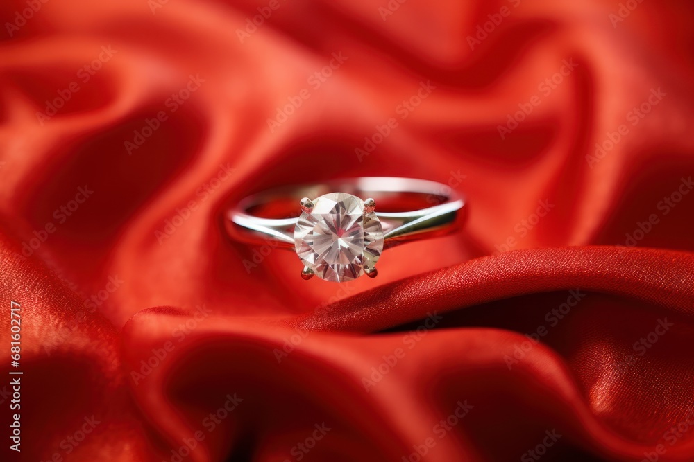 a close up of a diamond ring on a red satin material with a red cloth in the foreground and a white diamond in the middle of the middle of the ring. a close up of a diamond ring on a red satin material with a red cloth in the foreground and a white diamond in the middle of the middle of the ring.
