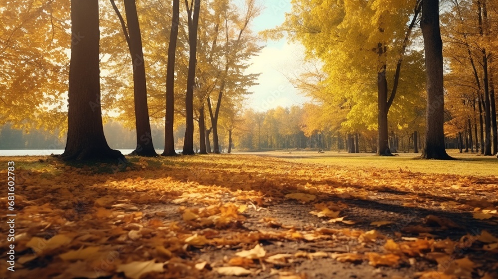 Fototapeta premium Beautiful, vibrant, autumn scenery covered in a layer of yellow leaves. On a beautiful day, a natural park is filled with autumnal trees.