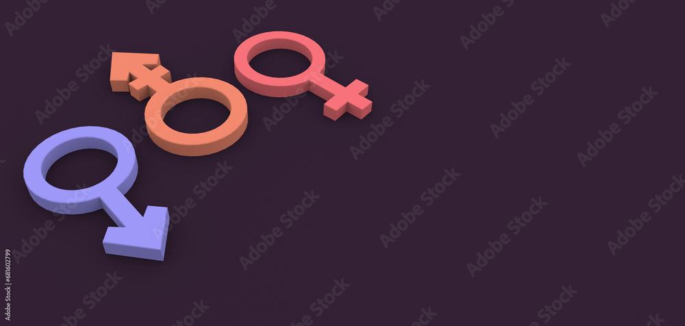 The symbols are colored male,androgynous and female on a purple background 3 d render The symbols are colored male,androgynous and female on a purple background 3 d render
