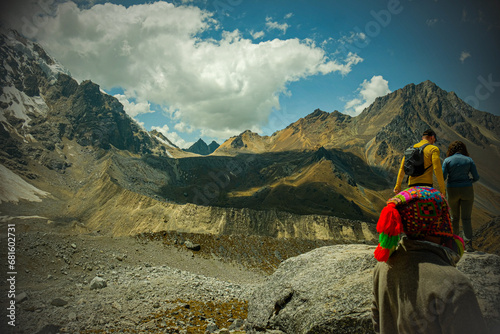 Peruvian guide with hikers in the Peruvian Andes Mountains