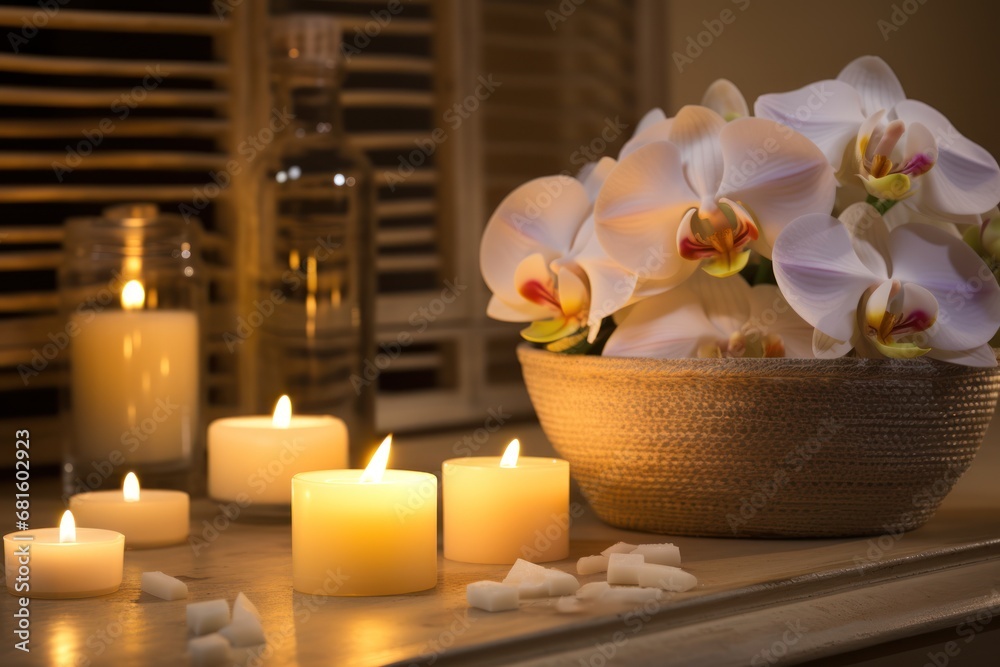  a vase filled with white flowers sitting on top of a table next to candles and a vase filled with white flowers on top of a table next to a window sill.