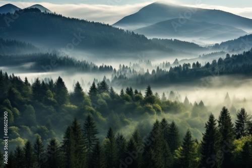  a forest filled with lots of green trees covered in a blanket of fog and smothers of low lying clouds in the distance, with a mountain range in the distance in the distance. © Shanti