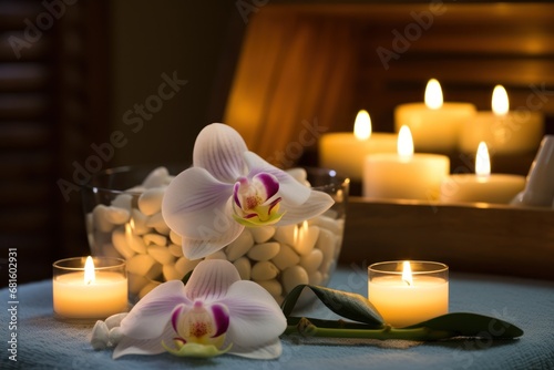  a table topped with candles and flowers next to a bowl of marshmallows and a vase filled with orchids on top of a blue cloth covered table.