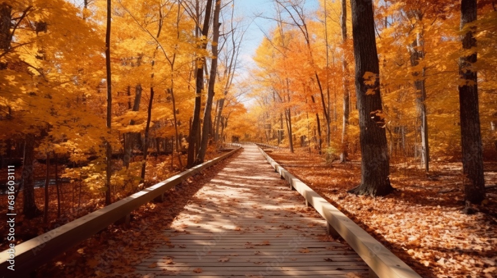 Beautiful walking path at a Michigan state park with changing leaves