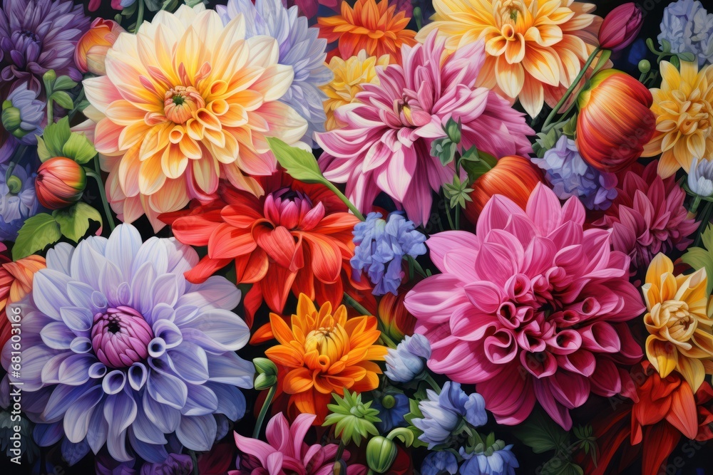 a close up of a bunch of flowers painted with acrylic paint on a piece of art paper that looks like it has been painted with acrylic. a close up of a bunch of flowers painted with acrylic paint on a piece of art paper that looks like it has been painted with acrylic.