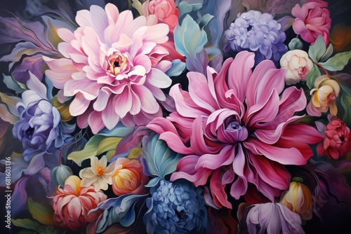  a painting of a bunch of flowers painted on a black background with a white and yellow flower in the middle of the picture and a blue and pink flower in the middle of the middle. photo