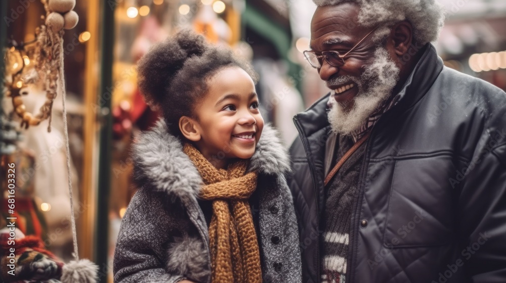 A joyful family walks through the city, savoring the winter Christmas market.