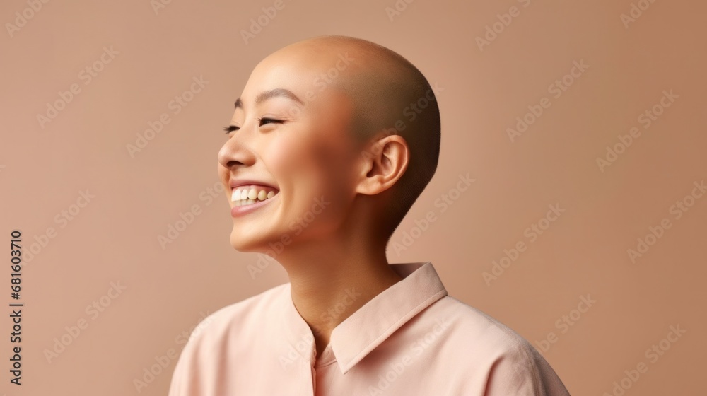 Bald cancer patient exuding joy, dressed in pastel tones, captured in a studio setting. Bald cancer patient exuding joy, dressed in pastel tones, captured in a studio setting.