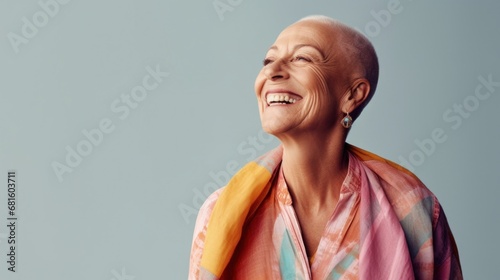 A cancer survivor in pastel hues, joyfully posing on a pastel studio background.