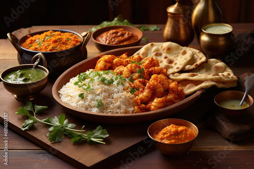 Spicy Jaipuri with assorted Indian dishes Rice  Naan Bread  Sauces  Pakora on brown wooden table