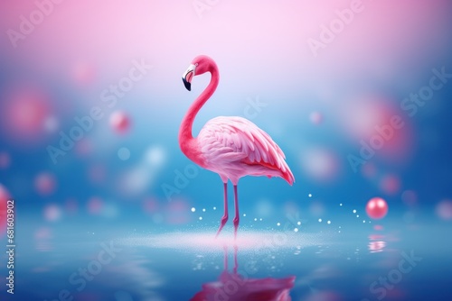  a pink flamingo standing in the water with its head in the air and it's legs in the water, with bubbles around it, and a blue background.