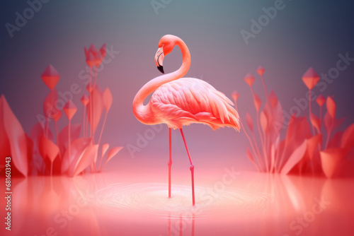  a pink flamingo standing in the middle of a body of water with pink flowers in the back ground and a blue sky in the back ground with a pink background.