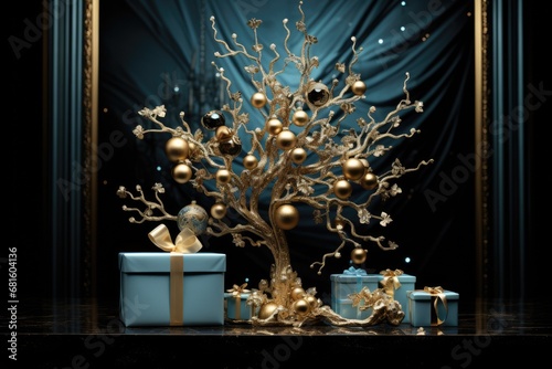 lustrous golden tree with intricate branches, adorned with gold and blue ornaments, beside elegant gift boxes