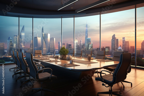 Side view of modern boardroom interior with equipment and panoramic city view.