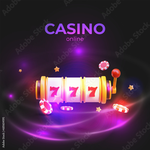 Realistic online webpage with slot machine detail. Win in poker machine. Concept of playing in casino, winning jackpot. Vector illustration in 3D style with place for text