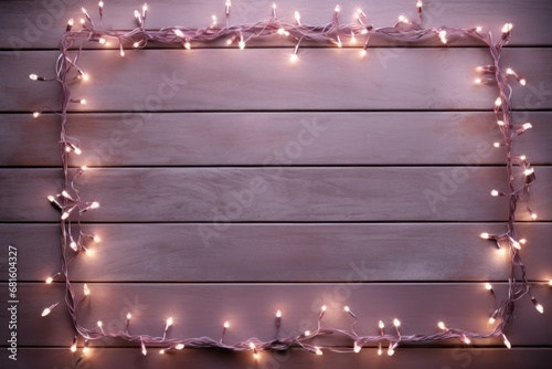  a picture frame with a string of lights around it on a wooden background with a place for a text or an image to put in the center of the frame.