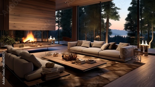 Large living room at sunset, fireplace, sofas, coffee table, panoramic windows, beautiful landscape