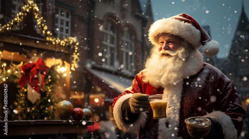 Portrait du Père Noël heureux, préparation des cadeaux, chapeau rouge, barbe et gros ventre, vacances d'hiver, photo