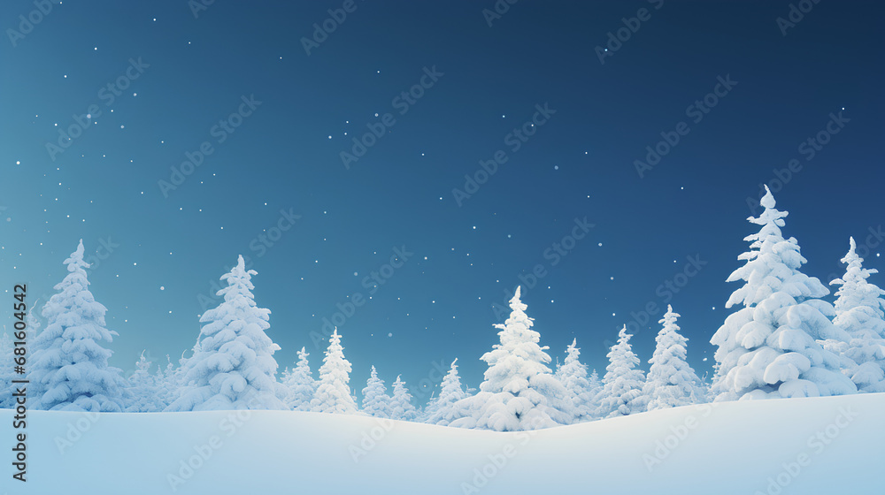 Naklejka premium Fond d'écran de sapin enneigé, avec flocon de neige, ciel bleu, magie de Noël, décors shooting, idéal pour incrustation et mockup, paysage vide pour montage photo