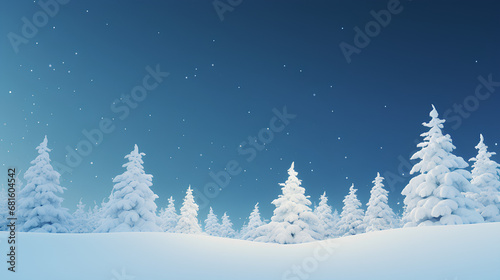 Fond d'écran de sapin enneigé, avec flocon de neige, ciel bleu, magie de Noël, décors shooting, idéal pour incrustation et mockup, paysage vide pour montage photo
