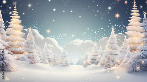Fond d'écran de sapin enneigé, avec flocon de neige, ciel bleu, magie de Noël, décors shooting, idéal pour incrustation et mockup, paysage vide pour montage photo