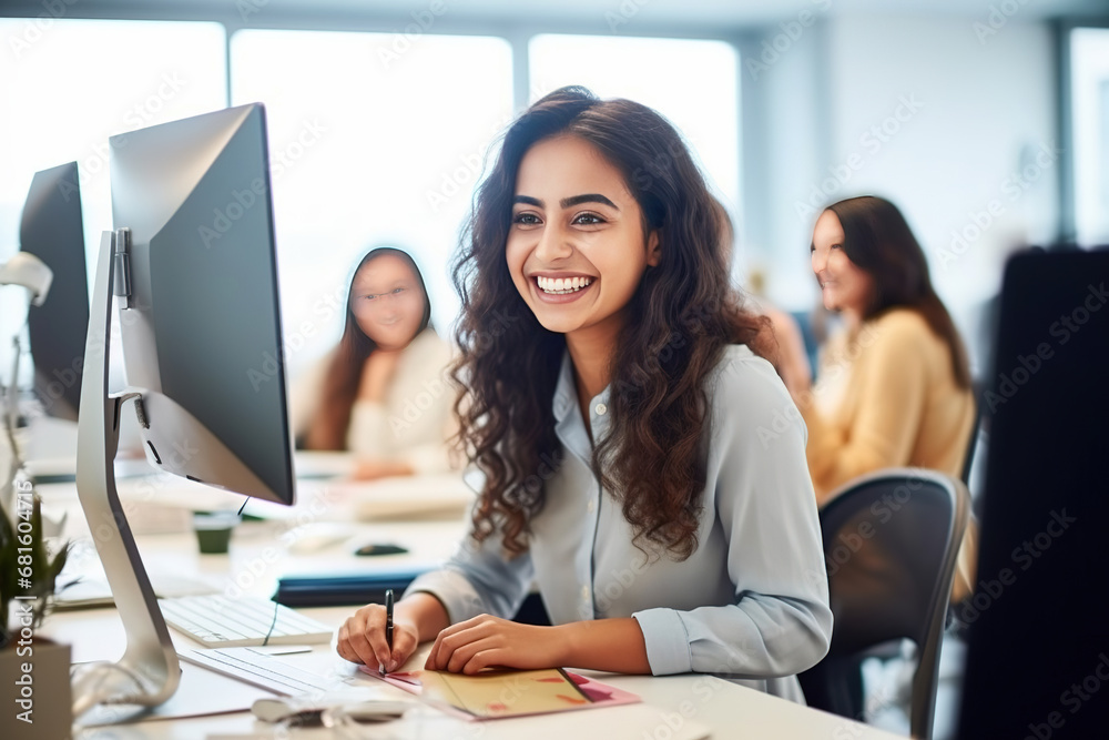 portrait of Enthusiastic Hispanic Young Woman Working on Computer in a Modern Bright Office. Confident Human Resources Agent Smiling Happily While Collaborating Online with Colleagues. portrait of Enthusiastic Hispanic Young Woman Working on Computer in a Modern Bright Office. Confident Human Resources Agent Smiling Happily While Collaborating Online with Colleagues.