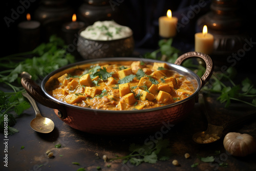 Paneer Butter Masala or Cheese Cottage Curry in serving a bowl or pan, served with or without roti and rice photo