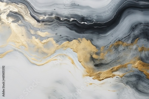  a black, gold, and white abstract painting with a black and white stripe on the bottom of the image and a black and gold stripe on the top of the bottom of the image.