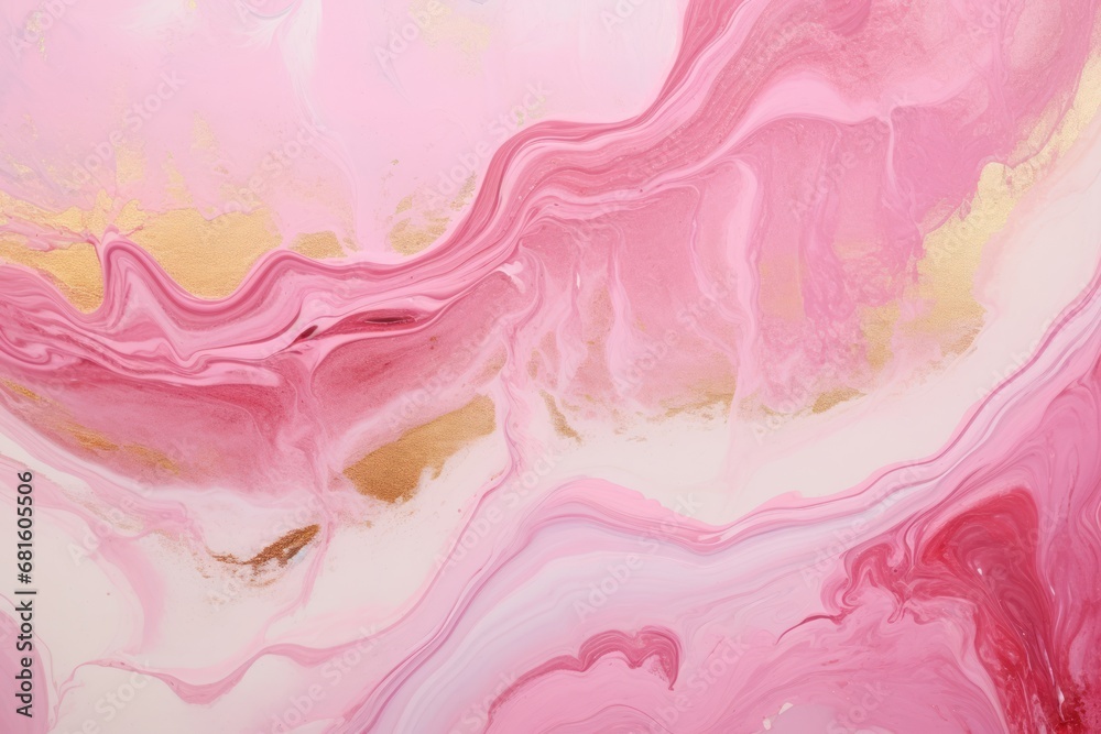  a close up of a pink, gold and white fluid paint design on a white and pink background with a gold stripe in the middle of the top right corner of the image.