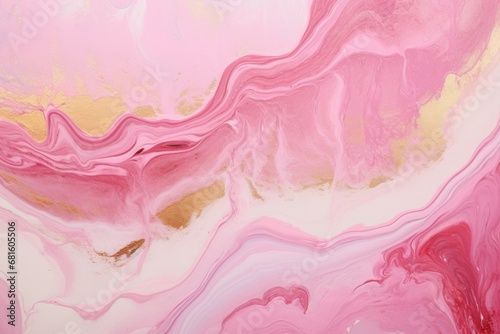  a close up of a pink, gold and white fluid paint design on a white and pink background with a gold stripe in the middle of the top right corner of the image.