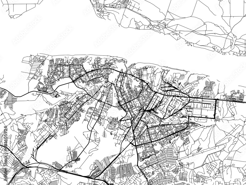 Vector road map of the city of Cheboksary in the Russian Federation with black roads on a white background.