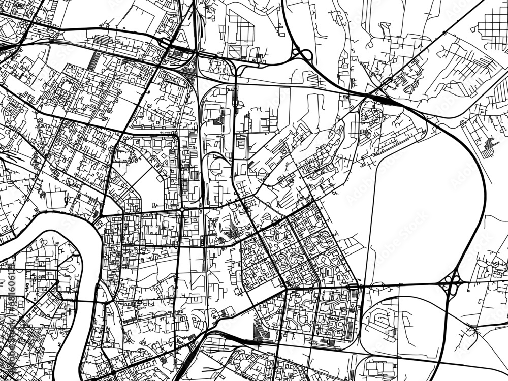 Obraz premium Vector road map of the city of Krasnogvargeisky in the Russian Federation with black roads on a white background.