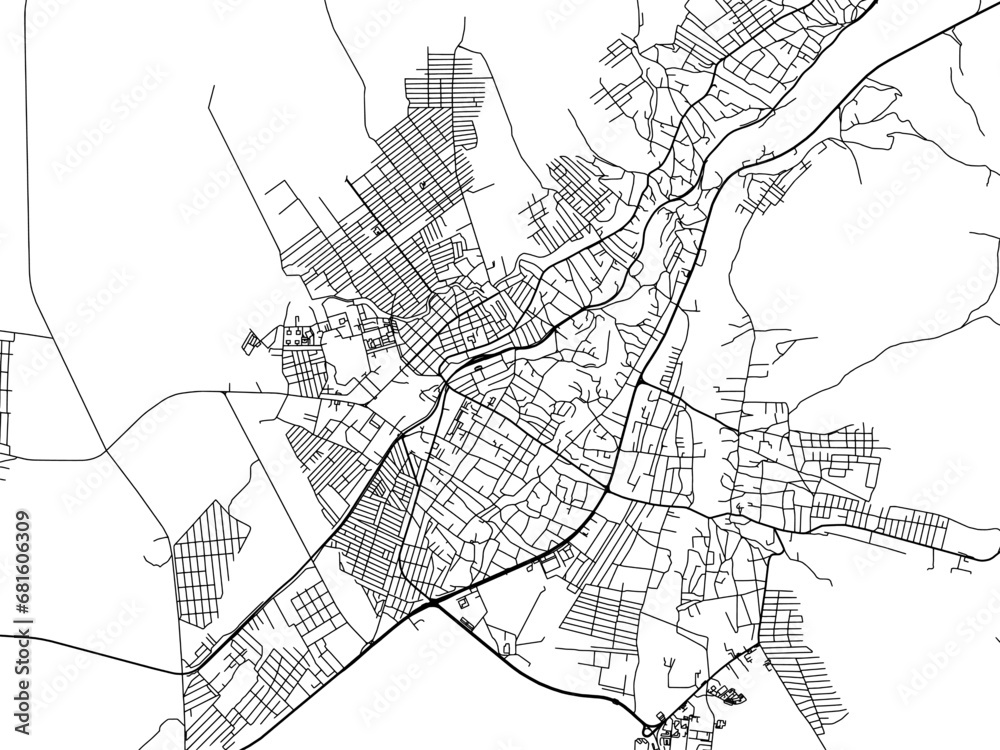 Vector road map of the city of Nazran in the Russian Federation with black roads on a white background.