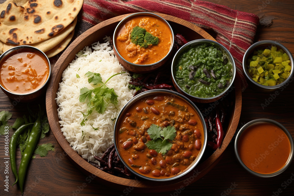 Group of Indian food like Palak Paneer Butter Masala, Choley/chola and Black Eyed Kidney Beans curry with Naan and Rice