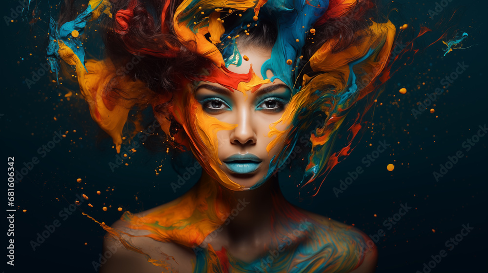 portrait of young creative woman with painted beauty with colourful paint