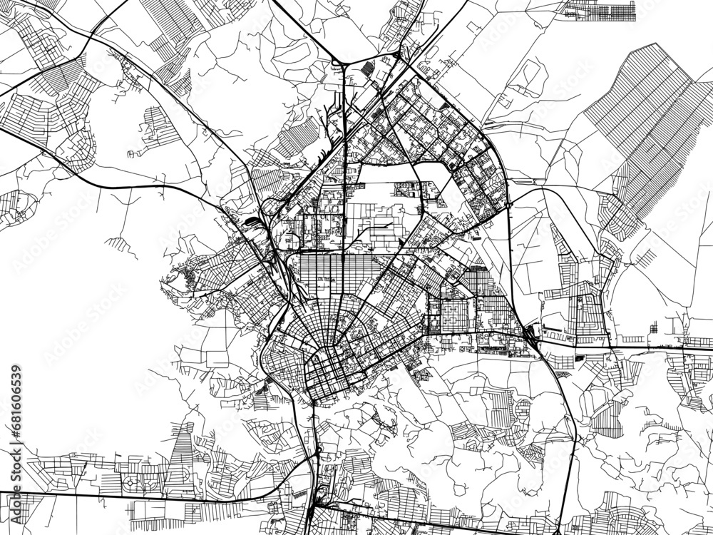 Vector road map of the city of Orenburg in the Russian Federation with black roads on a white background.