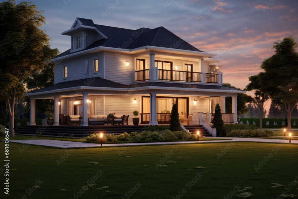 sunset and outdoor lights on a huge house and lawn