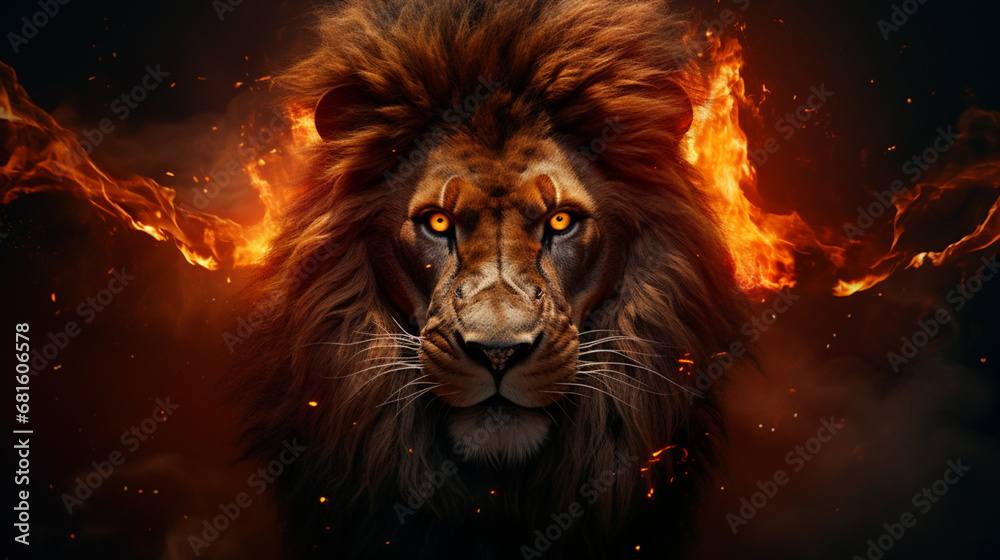 A fantastic lion with fiery eyes