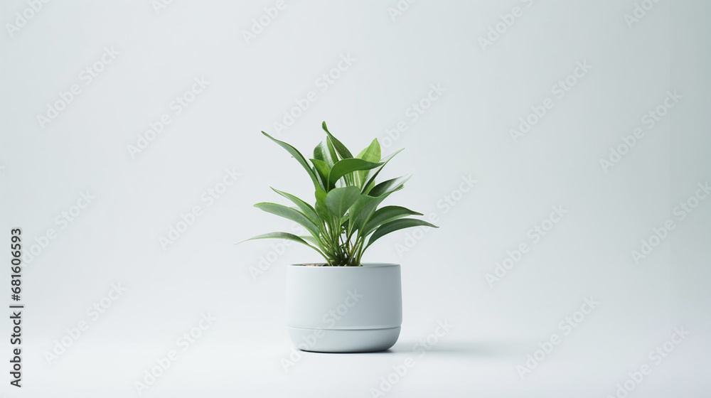 A plant in a small white pot on a white background