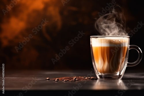  a cup of coffee with steam rising out of it and coffee beans scattered around it on a wooden table with a black background with a red and orange hued light.