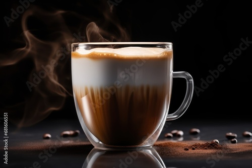  a cup of coffee sitting on top of a table next to a pile of coffee beans and steam coming out of the top of the cup and steam coming out of the top of the cup.