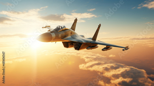 A military fighter jet in a sunset sky