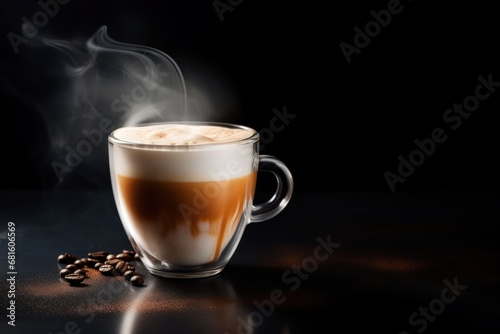  a cup of coffee with steam coming out of the top and coffee beans on the side of the cup, on a black surface, with smoke coming out of the top.